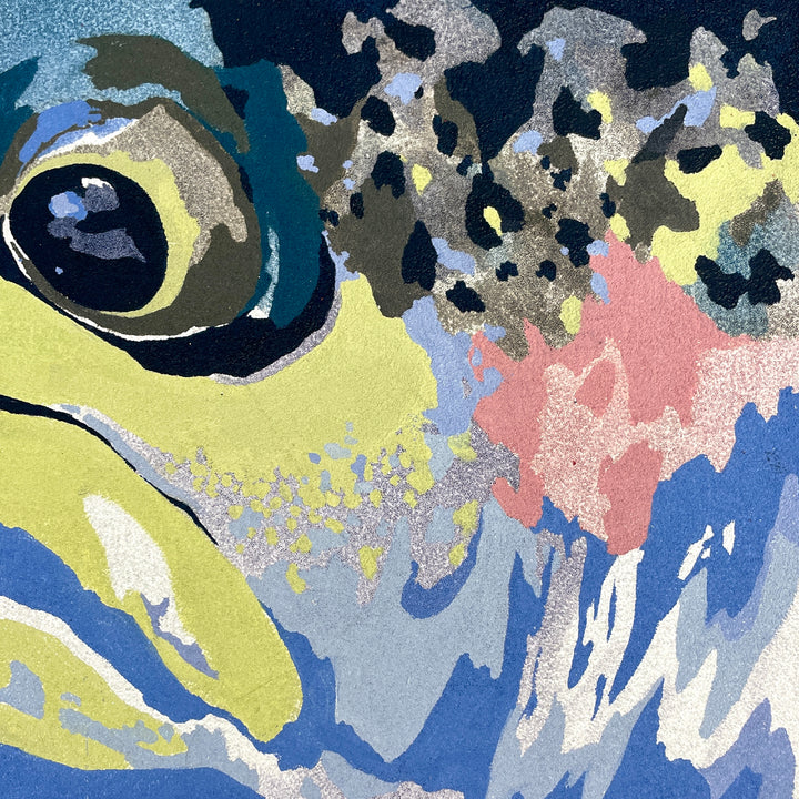 abstract organic shapes fish trout face scales in blues yellow green and pink on textured canvas pumice