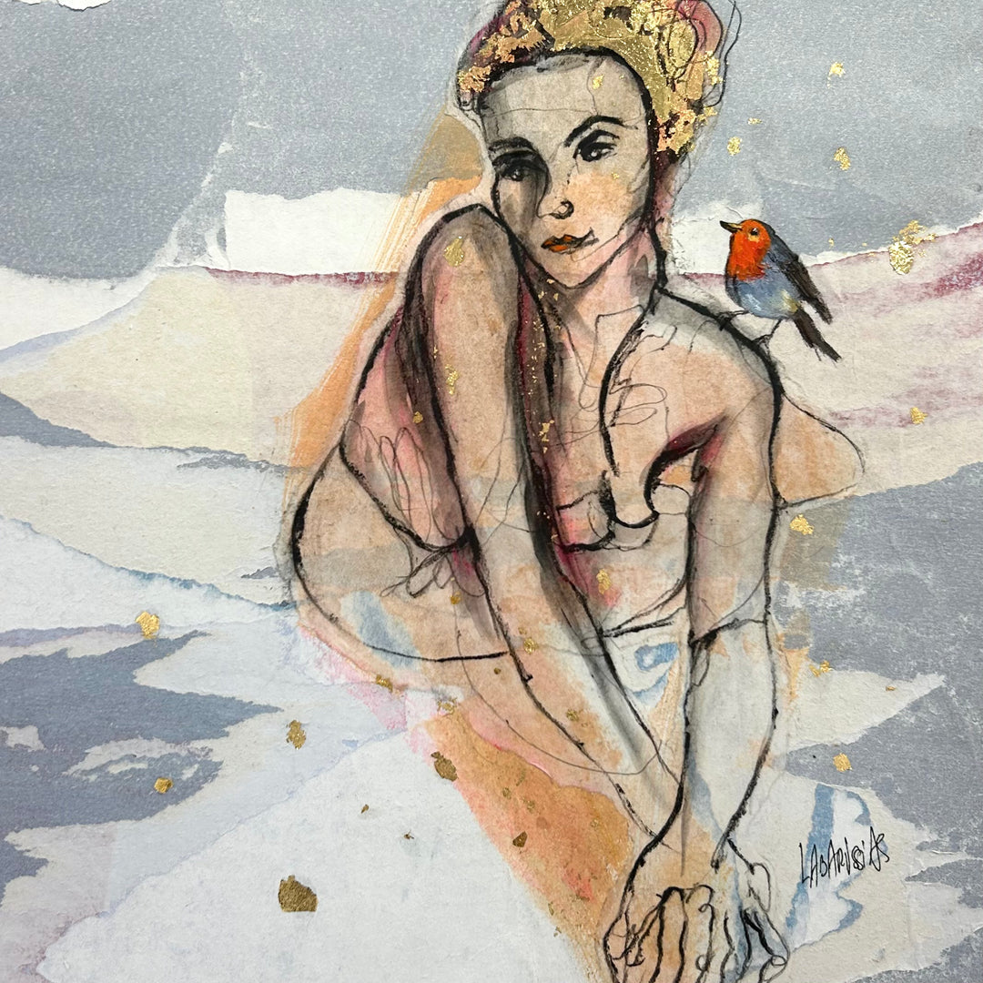 Figurative, Femme, Female Form, Feminine, Gold, Bird, Female Nude