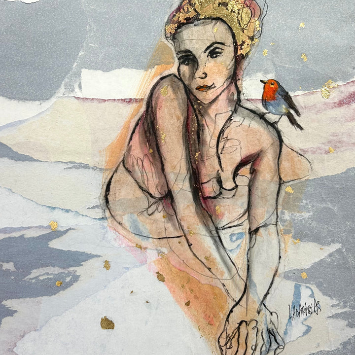 Figurative, Femme, Female Form, Feminine, Gold, Bird, Female Nude