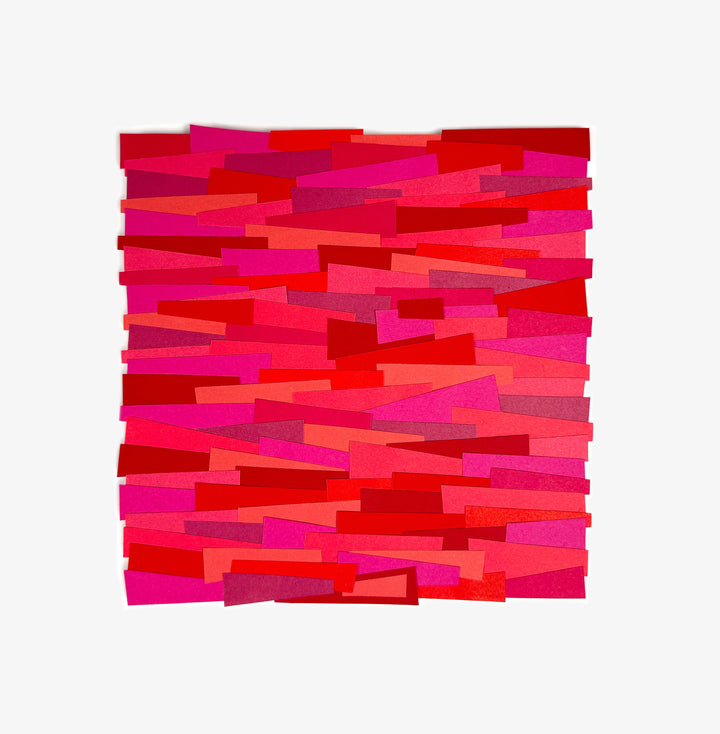 red shades in light and dark cut paper collage strips in square shape