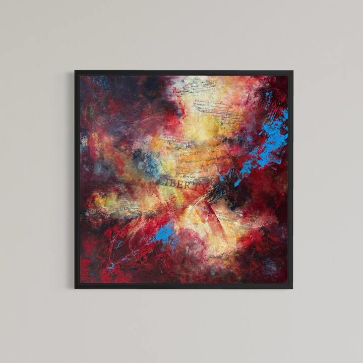 Redlined by Kym Balthazar — framed abstract painting in a black frame, showing oil, cold wax and collage on panel with bold red, gold and blue abstract forms