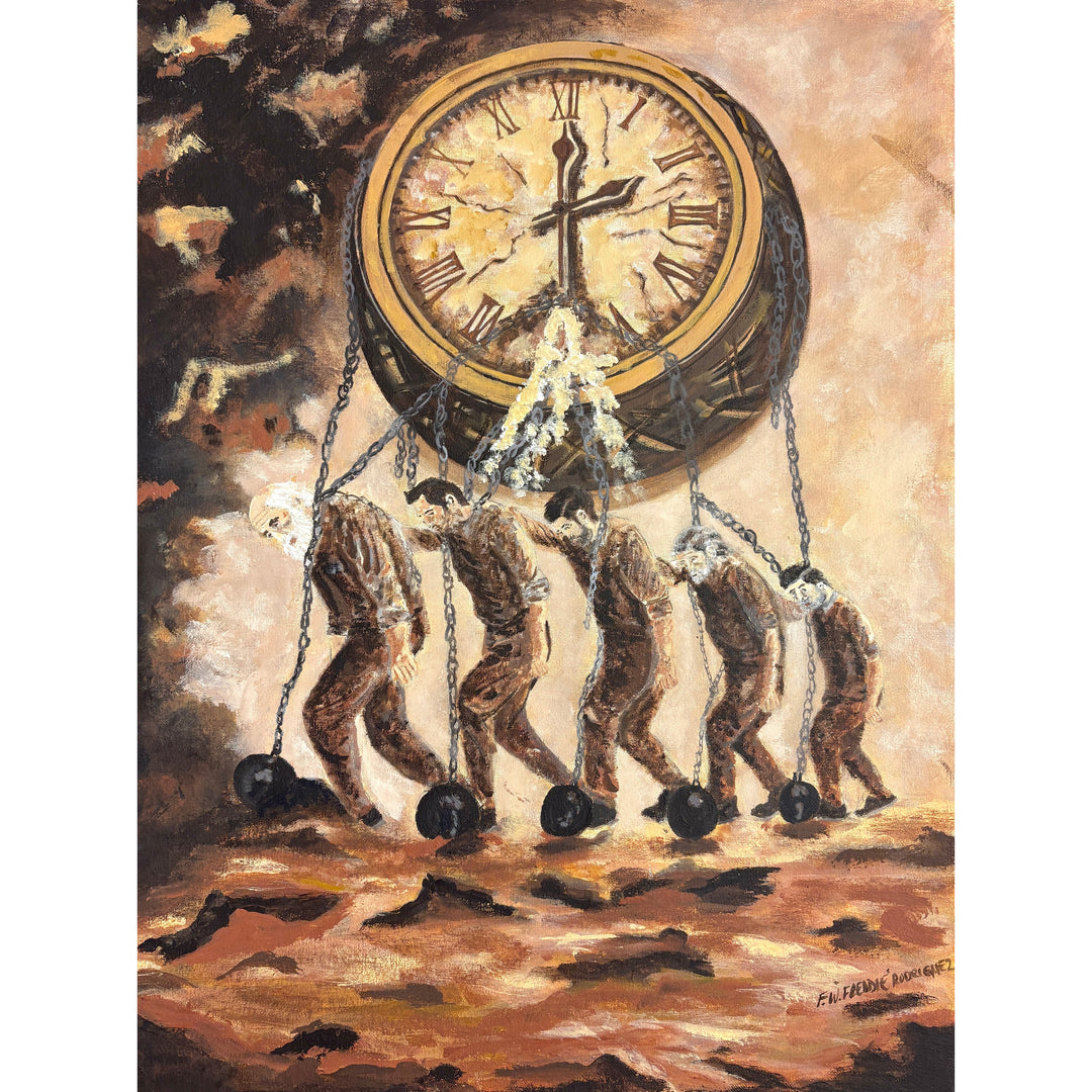 figures men prisoners carrying heavy weights and clock on shoulders in brown expressive brushstrokes
