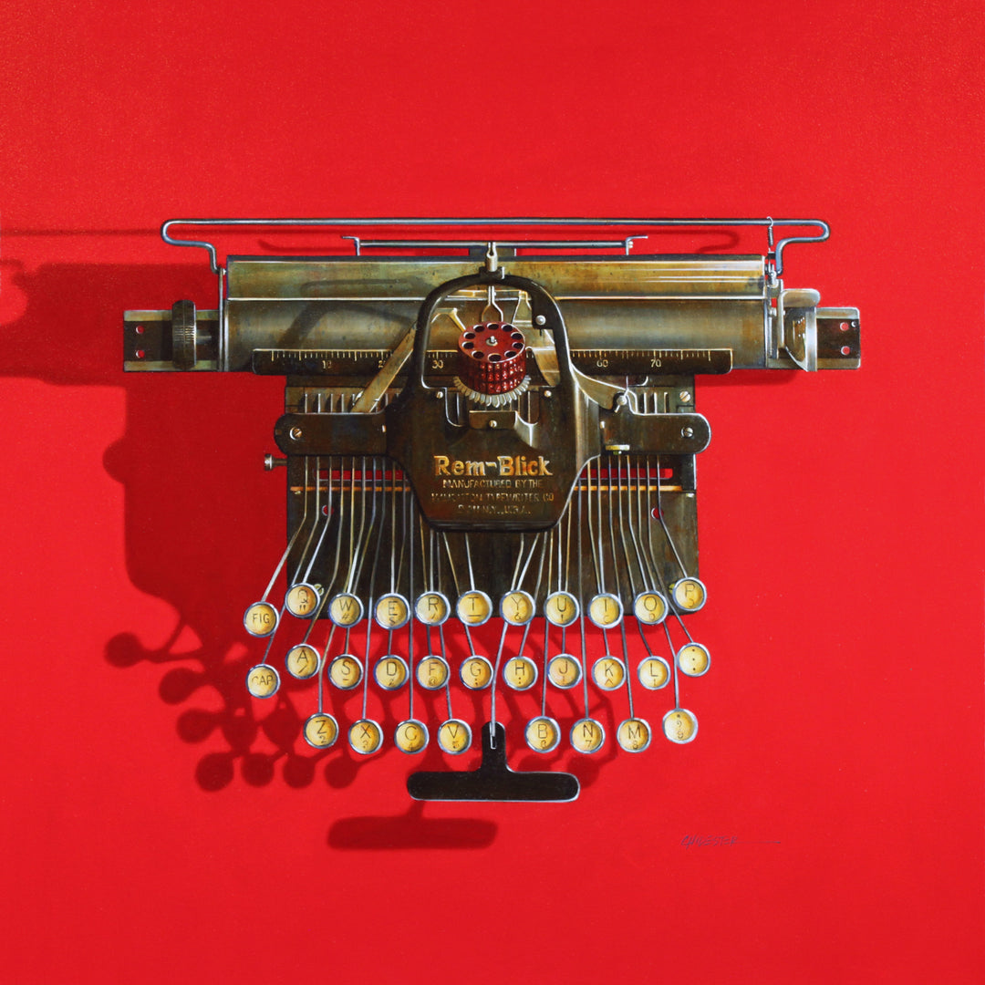 Realistic painting of a vintage Rem-Blick typewriter in an aerial view. 40"X40" oil on canvas. Minimalist red background.