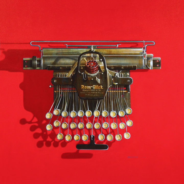 Realistic painting of a vintage Rem-Blick typewriter in an aerial view. 40"X40" oil on canvas. Minimalist red background.