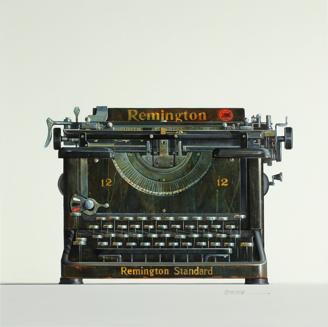 Realistic painting of a vintage Remington typewriter. 30"x30" oil on canvas. Minimalist off white and grey background.