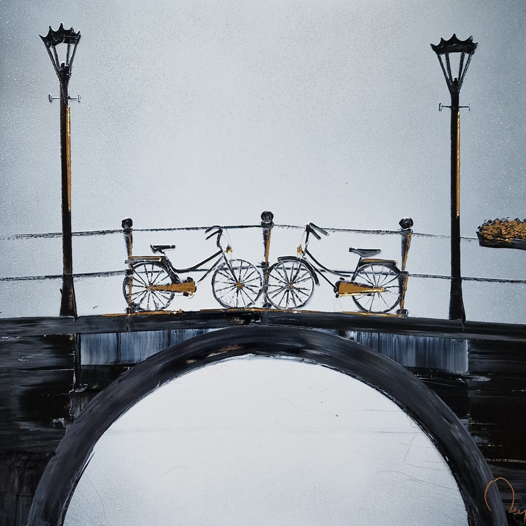 Two bikes facing each other on a bridge with lampposts. Chinese lacquer and gold leaf painting created by artist Julien Rey in 2026 