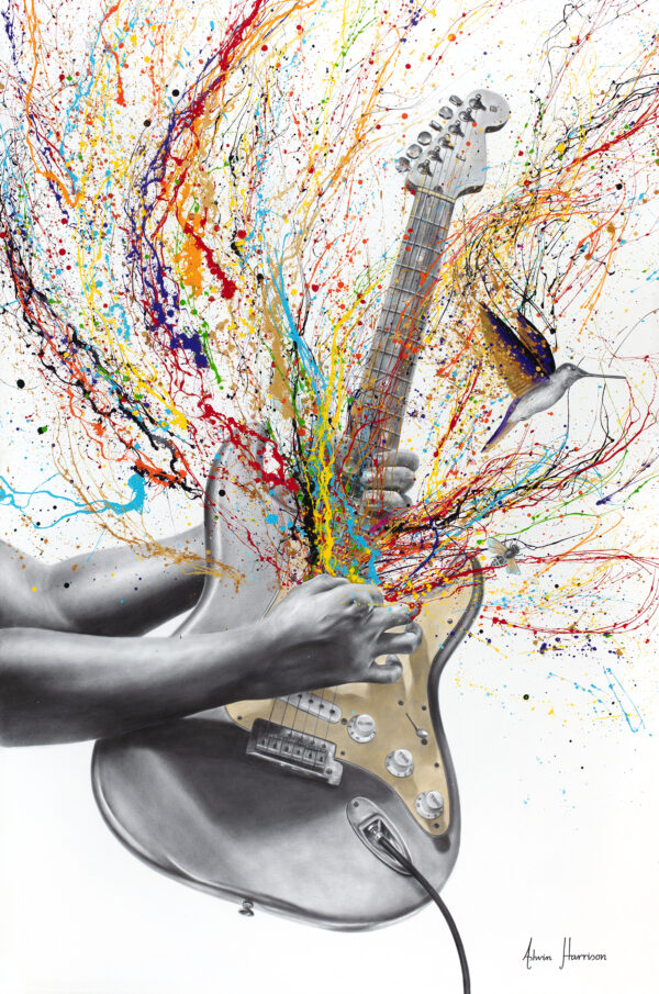 music guitar expressionist splatter painting realism instrument in black and white with bird multicolored on white background