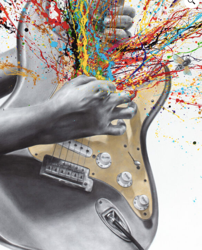 music guitar expressionist splatter painting realism instrument in black and white with bird multicolored on white background