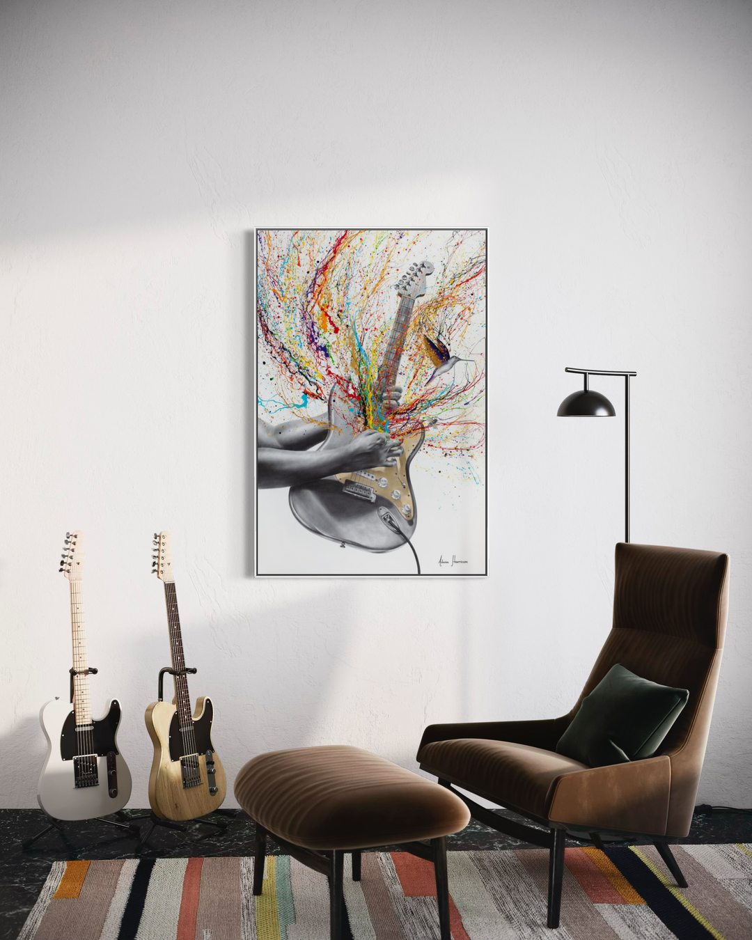 music guitar expressionist splatter painting realism instrument in black and white with bird multicolored on white background