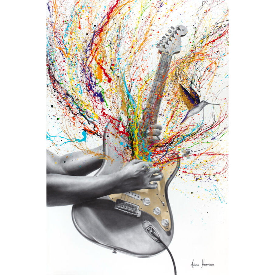 music guitar expressionist splatter painting realism instrument in black and white with bird multicolored on white background