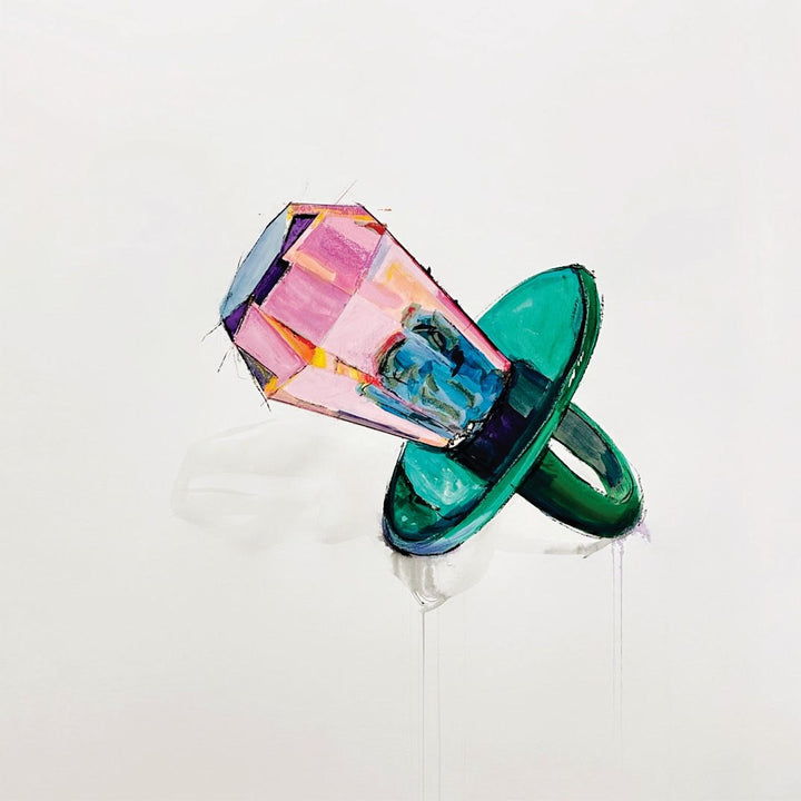 Figurative, acrylic, paper, charcoal, ring pop, colorful, contemporary, pop art, pink, green, Andy Warhol
