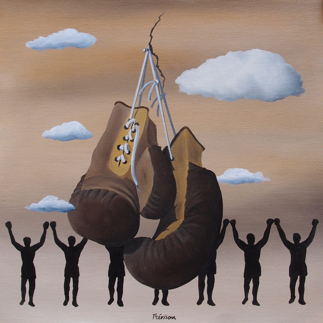 "Rocky" by Italian artist Carlo Trevisan — a surrealist oil painting on canvas depicting an enormous pair of vintage boxing gloves hanging from a thread above five triumphant silhouetted figures with arms raised in victory, set against a warm sandy sky with floating clouds. A powerful homage to Philadelphia's iconic Rocky Balboa celebrating resilience, triumph, and sporting spirit. Original contemporary surrealist Philadelphia Rocky boxing pop art painting on canvas available at Morton Contemporary gallery.