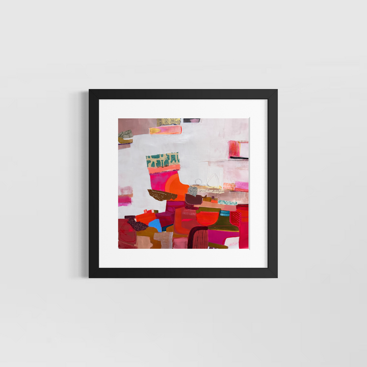 Lau Blou, Route d’Orient, acrylic paint, fabric, and gold leaf on canvas, 14 x 14 inches, shown in a white 17 x 17 inch mat and black frame on a light grey wall. Abstract painting of red, pink, and orange stacked shapes on white.