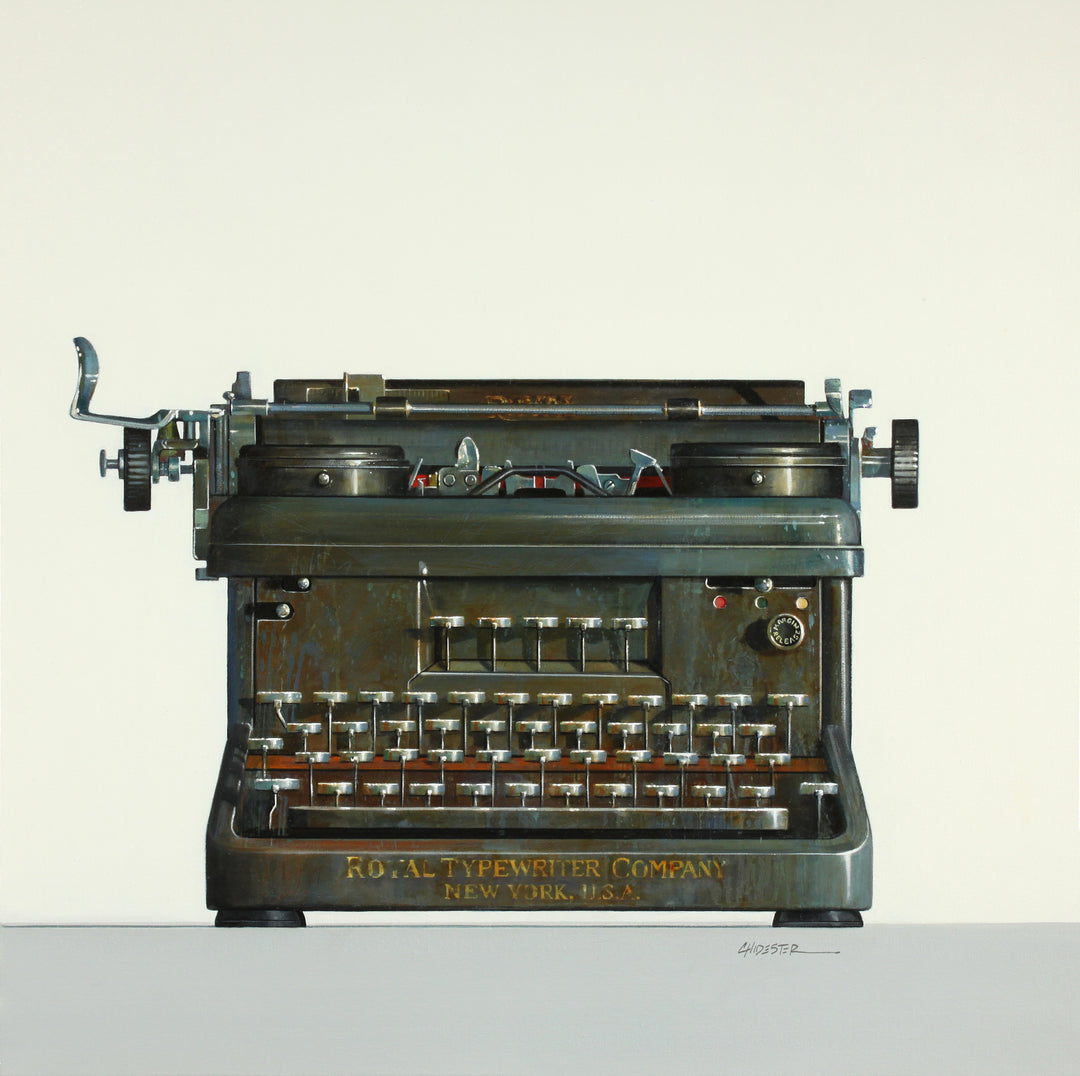 Realistic painting of a vintage Royal  typewriter. 30"x30" oil on canvas. Minimalist off white and grey background.