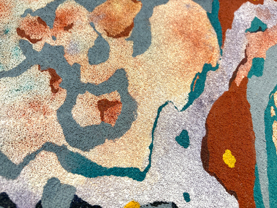 oil on pumice primed canvas abstract organic shapes gradient and opaque rust colored orange brown and teal blue in splotchy decaying shapes line weight