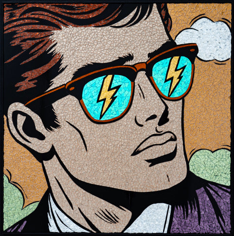 man looking to the side, with red brown hair and sunglasses with thunder bolts in the lenses. Wearing purple shirt on orange green background with cloud in comic style stained glass