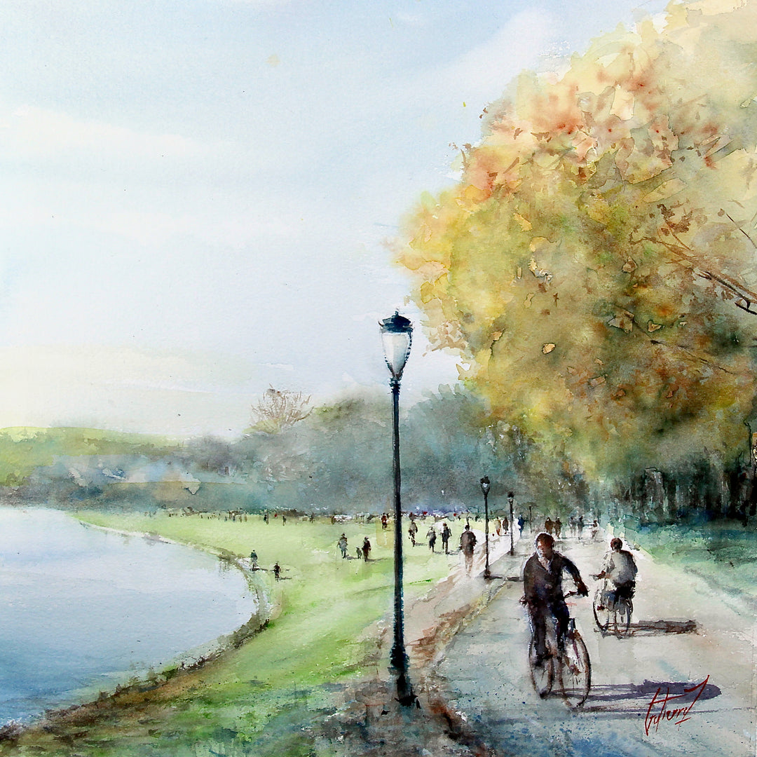 pedestrians walking and biking along trail next to river with street lamp in washy watercolor painting with fall autumn trees in orange yellow green and blue
