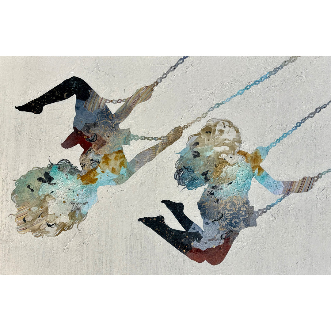 two children kids swinging playset silhouette abstract expressionist illustration figurative portraiture on textured white background colorful figures collaged and mixed media