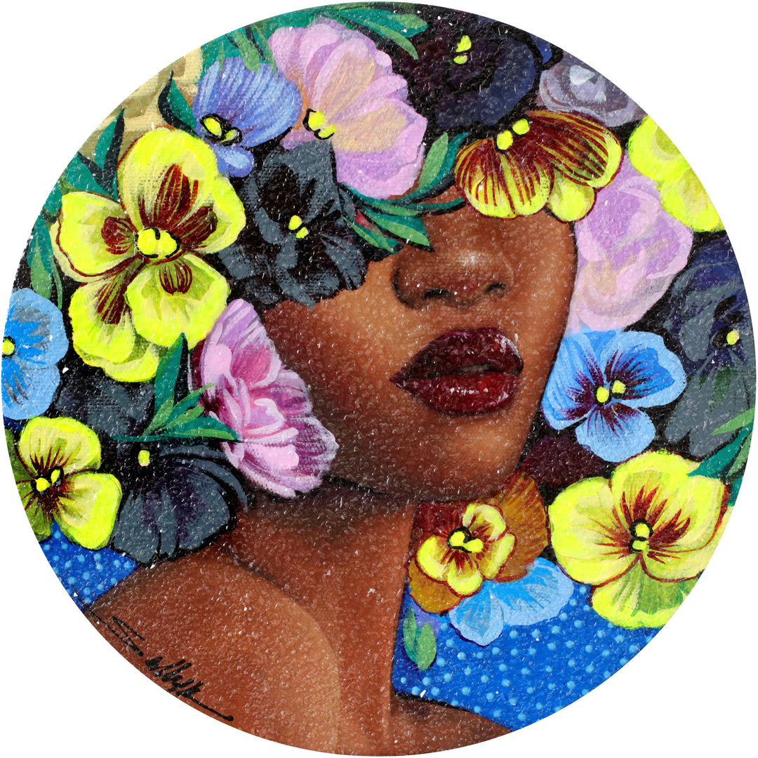 Black woman with blue yellow and pink flowers on her head covering her eyes with glass diamond dust 
