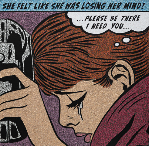 woman with brown hair and red shirt leaning down holding telephone crying with tears on face, text thought bubble in comic book style glass 