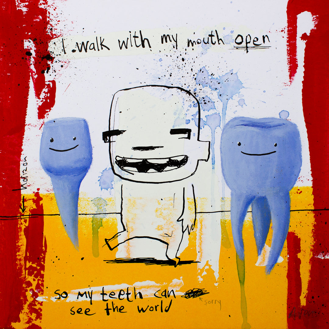 doodle sketched character with moth open and teeth showing, walking along side two blue teeth with smiley faces, hand written text, ink splatter, on a yellow, red and white background