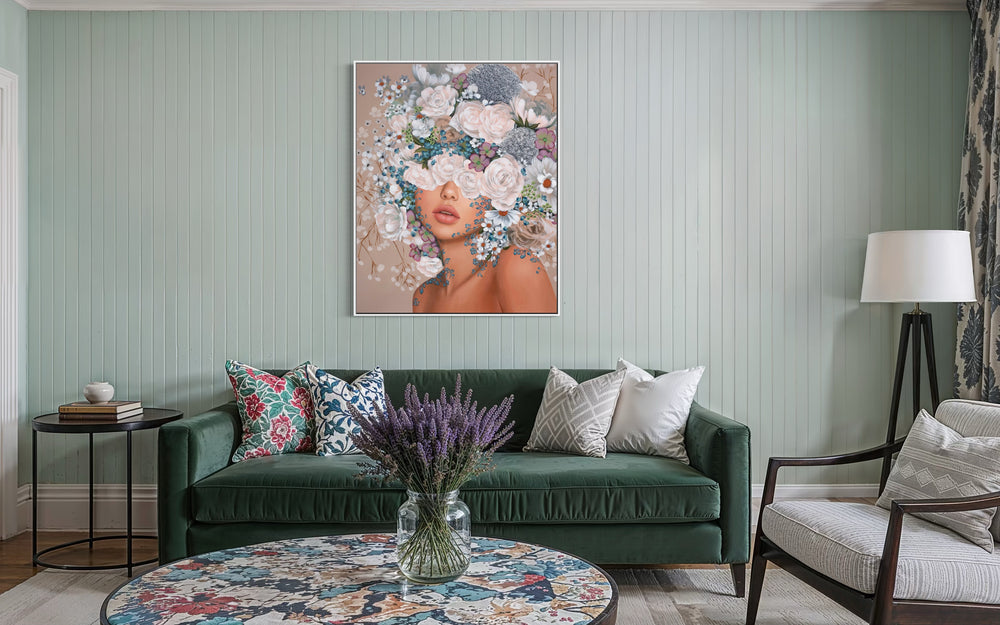 realism female portrait floral flowers leaves surrounding composition in acrylic on canvas in muted beige tones light pink whites