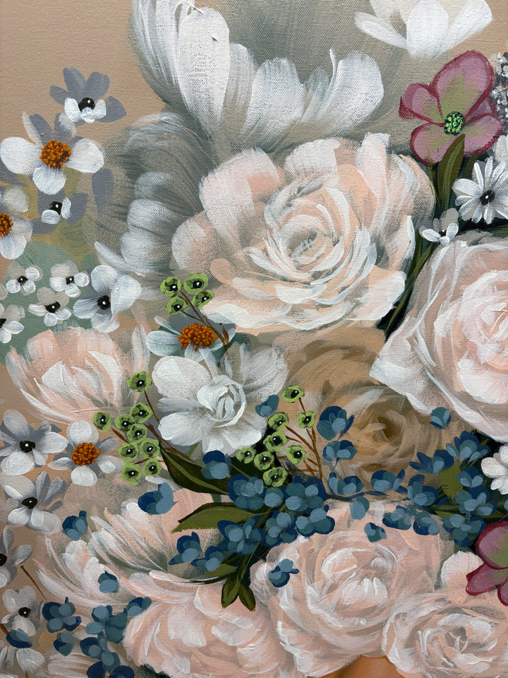 realism female portrait floral flowers leaves surrounding composition in acrylic on canvas in muted beige tones light pink whites