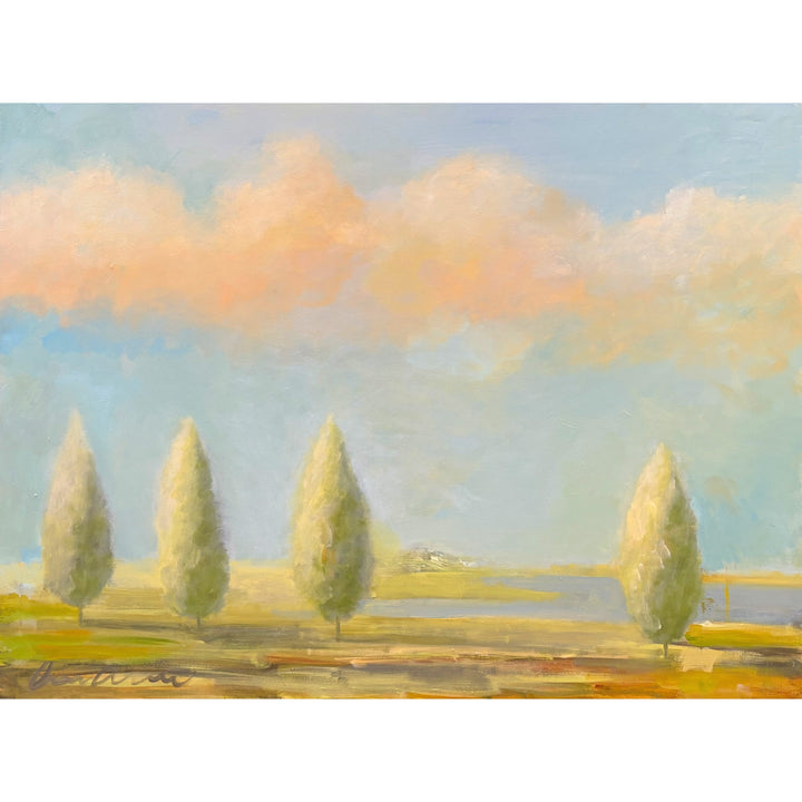 surreal soft landscape of trees and pastel sky with clouds horizontal painting