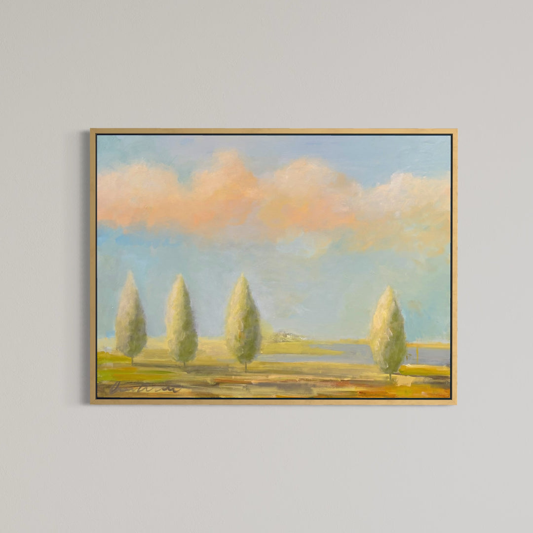 surreal soft landscape of trees and pastel sky with clouds horizontal painting