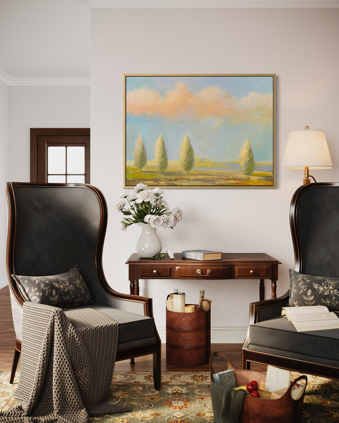 surreal soft landscape of trees and pastel sky with clouds horizontal painting