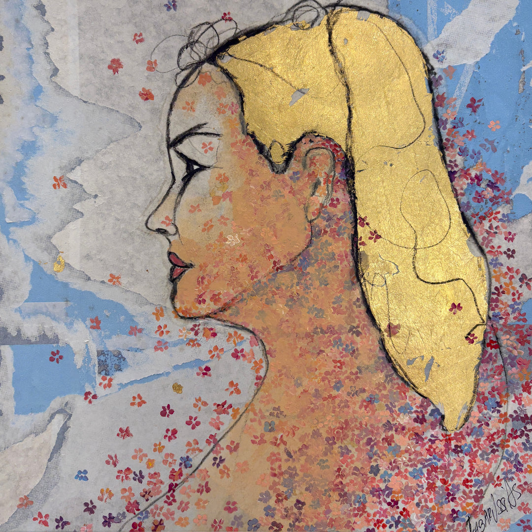 female side portrait in charcoal and gold leaf on blue advertising paper and with red flowers