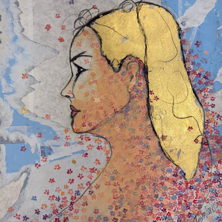 female side portrait in charcoal and gold leaf on blue advertising paper and with red flowers