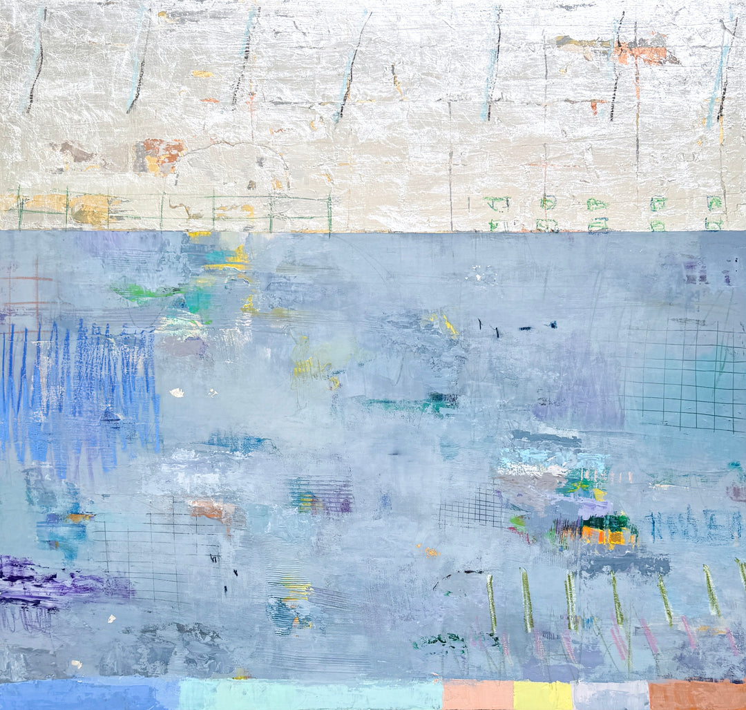 abstract blue, silver and gold mixed media 40X42 canvas with expressive colorful marks throughout
