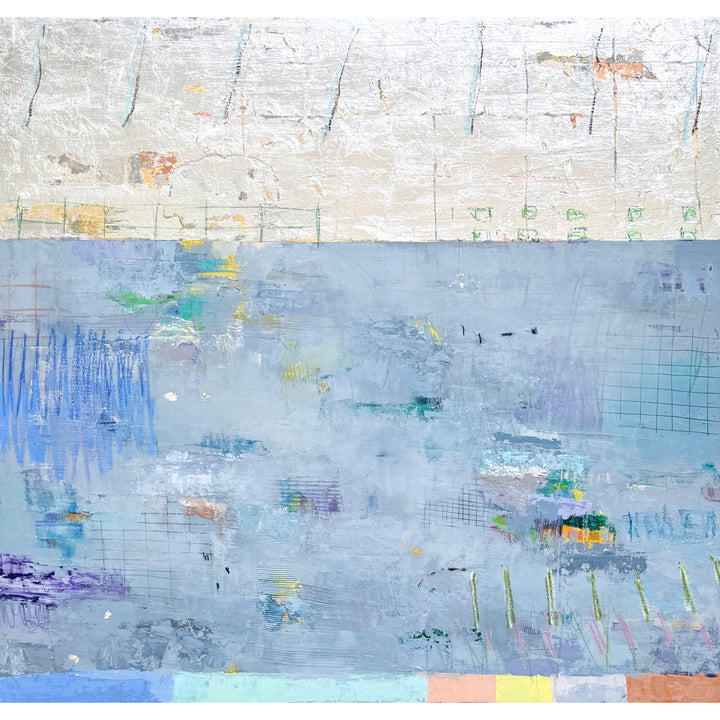 abstract blue, silver and gold mixed media 42X40 canvas with expressive colorful marks throughout