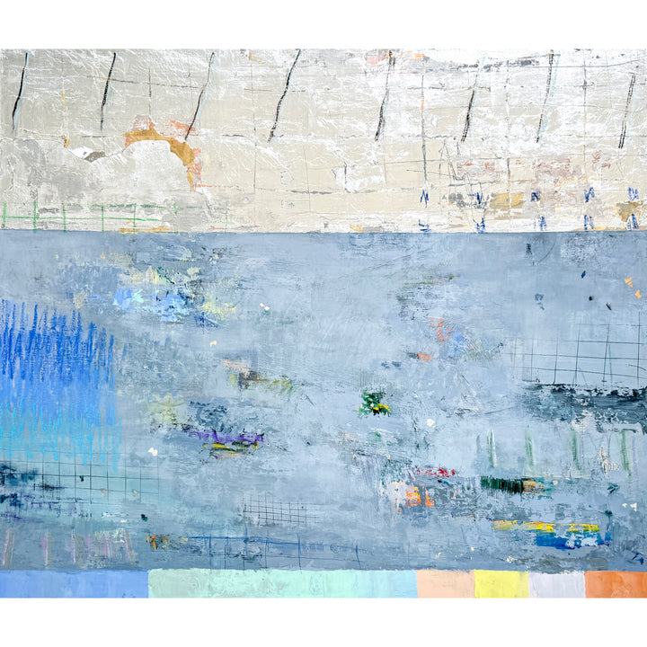 abstract blue, silver and gold mixed media 42X36 canvas with expressive colorful marks throughout