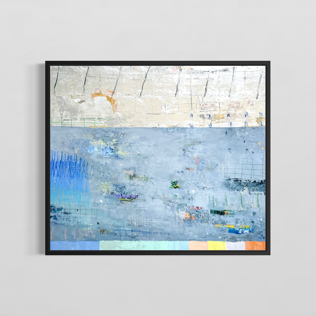 abstract blue, silver and gold mixed media 42X36 canvas with expressive colorful marks throughout framed in black on a grey wall