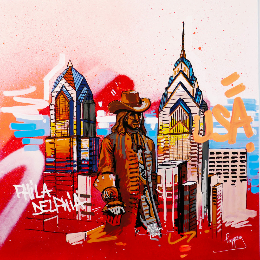 philadelphia city skyline building skyscrapers illustration with statue and text graffiti on red spray background