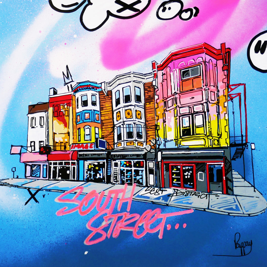south street philadelphia rainbow colors store front on spray paint background of blue and pink