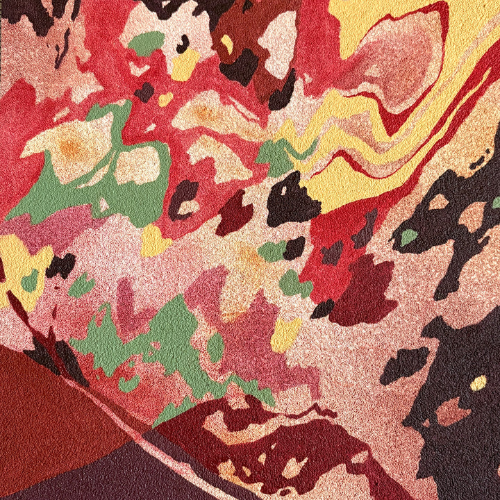 Abstract organic pumice painting in oil paint by local female artist natural shapes textures abstracted negative space line weight gradient of color reds browns yellows  on canvas