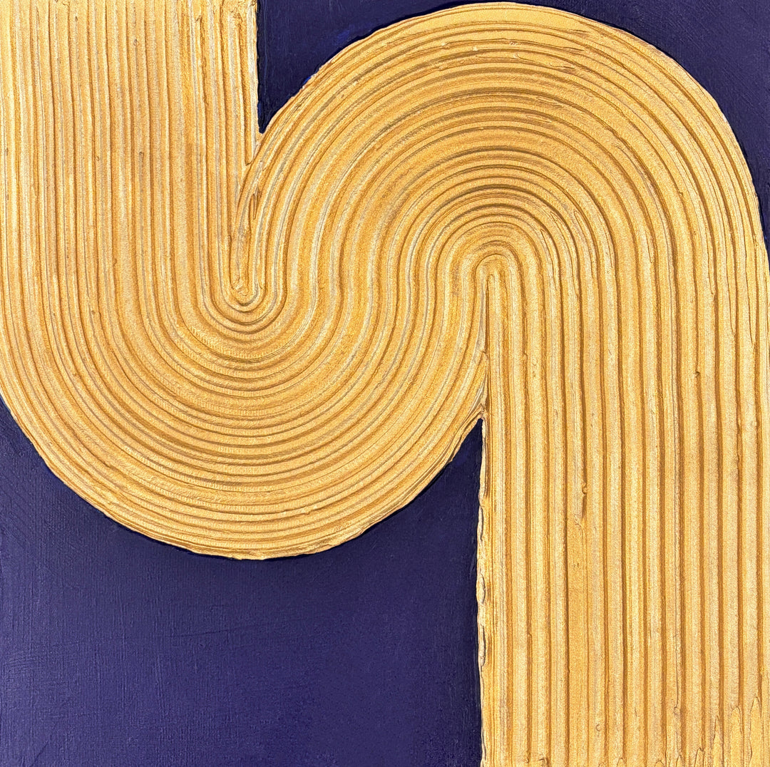 minimal geometric abstract organic shape in gold with lines curving and straight on blue background