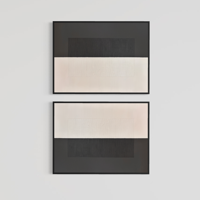 Lee in Cerulean, Split Duo Plain, joint compound and acrylic paint on canvas, 48 x 36 inches each (48 x 72 inches together). Two charcoal and cream textured panels, each in a thin black frame, stacked on a light grey wall.