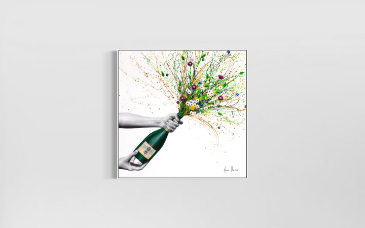 spring floral bouquet splatter paint expressionism coming out of champagne bottle with bee green and purple with realism black and white figure on white background