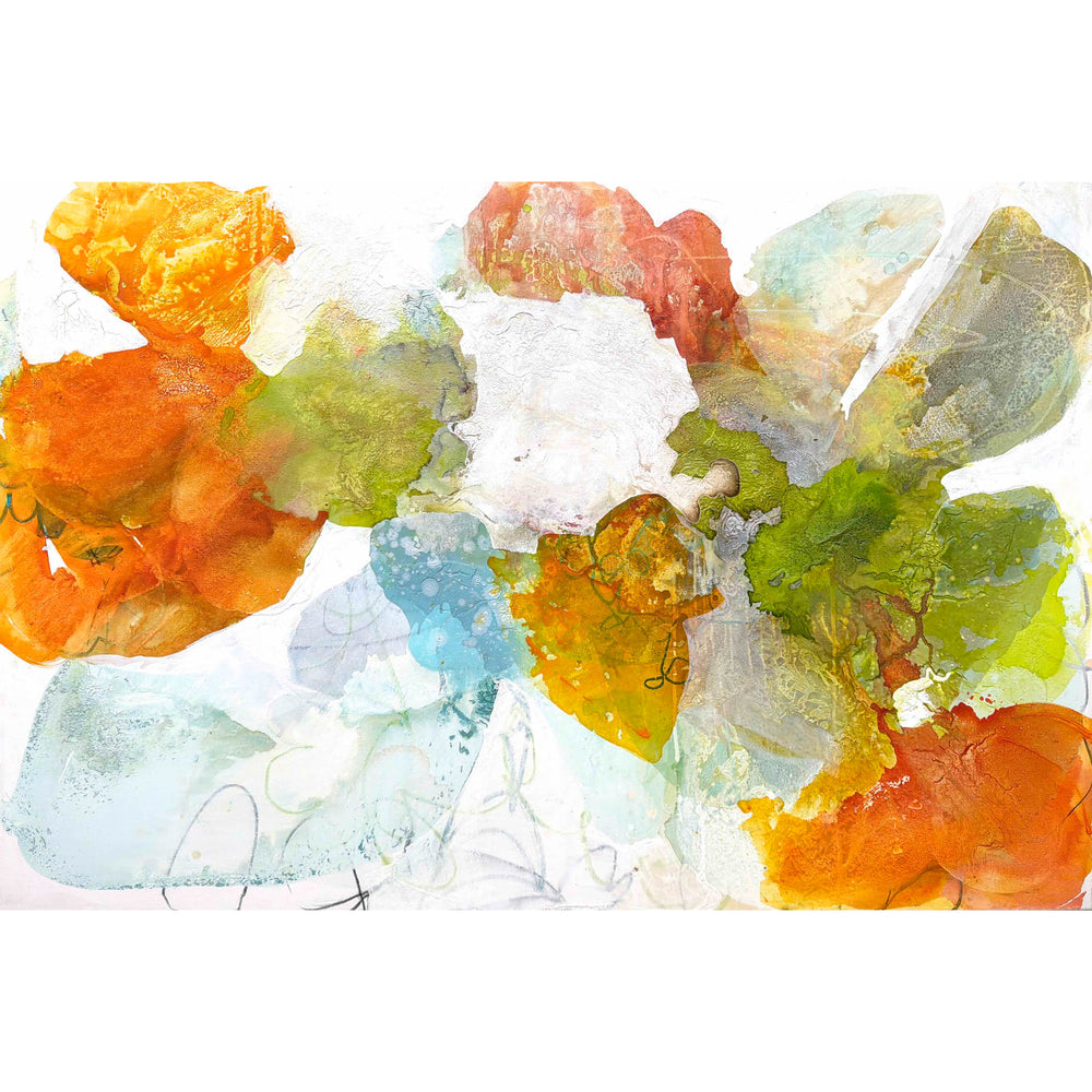 Liz Barber, Spring Promise, acrylic paint, ink, watercolor, graphite, and pastel on canvas, 72 x 50 inches. Horizontal abstract composition of overlapping rounded shapes in orange, coral, lime green, olive, sky blue, pale aqua, and white with fine graphite lines on a white background.