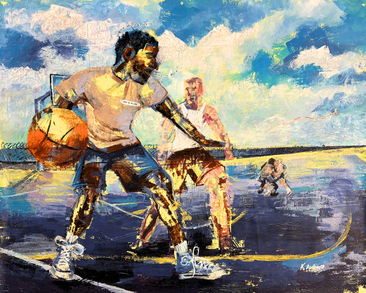 Keith Andrews, Stay in ya lane, acrylic and collage on parachute cloth, 48 x 60 inches. Two basketball players face off on an outdoor court painted in blue, yellow and tan, one dribbling low with an orange ball, against a fence line and a cloudy blue sky.