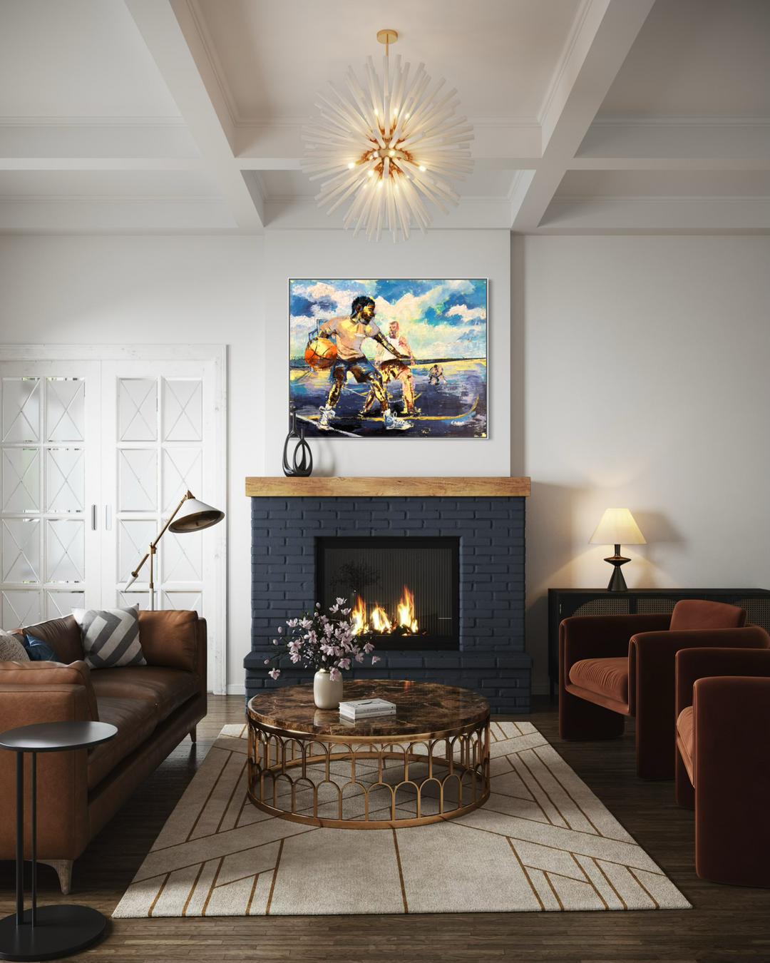 Keith Andrews, Stay in ya lane, acrylic and collage on parachute cloth, 48 x 60 inches, shown framed above a dark blue tiled fireplace in a living room with a coffered ceiling, a gold starburst chandelier, brown leather seating and a round brass coffee table.