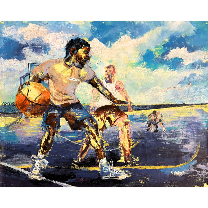 Keith Andrews, Stay in ya lane, acrylic and collage on parachute cloth, 48 x 60 inches. A basketball player in a tan T-shirt and blue high-top sneakers dribbles an orange ball while a defender in a white tank top guards him on an outdoor court. Two more players are in the distance under a blue sky with white clouds.