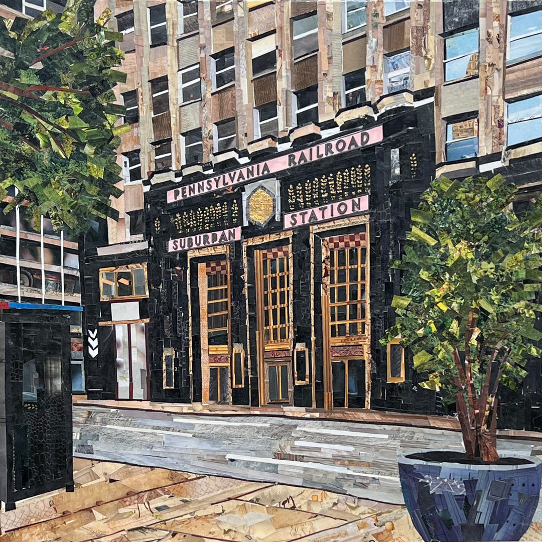 suburban station philadelphia travel train collage cut paper mixed media 
