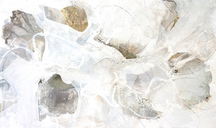 "Summer Light 3" mixed-media painting on canvas by Liz Barber, full view of the abstract white, beige, and gray organic composition