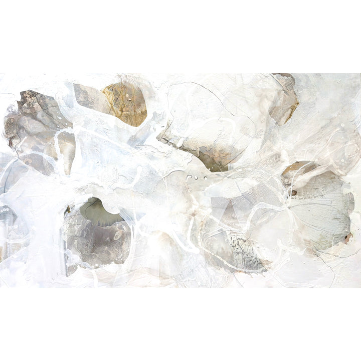 Summer Light 3, an acrylic, watercolor, graphite and ink painting on canvas by Liz Barber, featuring abstract white, beige, and gray organic shapes