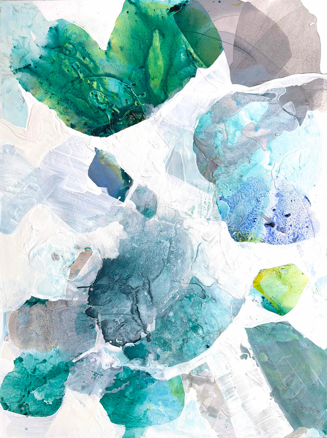 Liz Barber, Sun Bloom 5, acrylic paint, ink, watercolor, and graphite on canvas, 36 x 48 inches. Vertical abstract composition of overlapping rounded shapes in emerald green, teal, sky blue, periwinkle, mauve gray, and lime green scattered across a white background.
